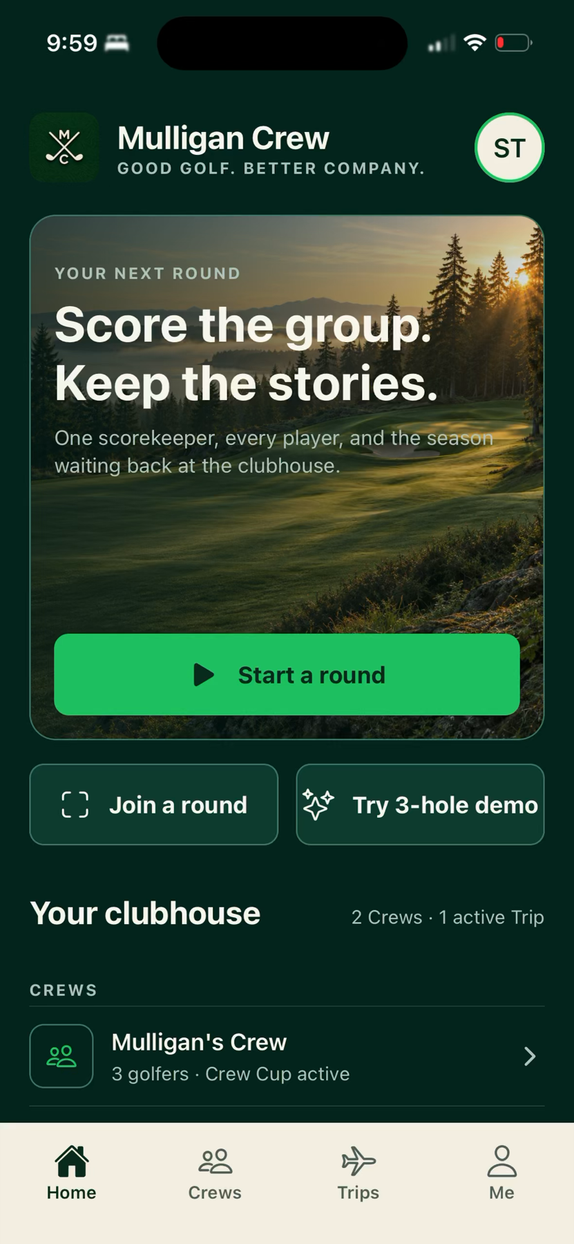 Mulligan Crew digital clubhouse home screen