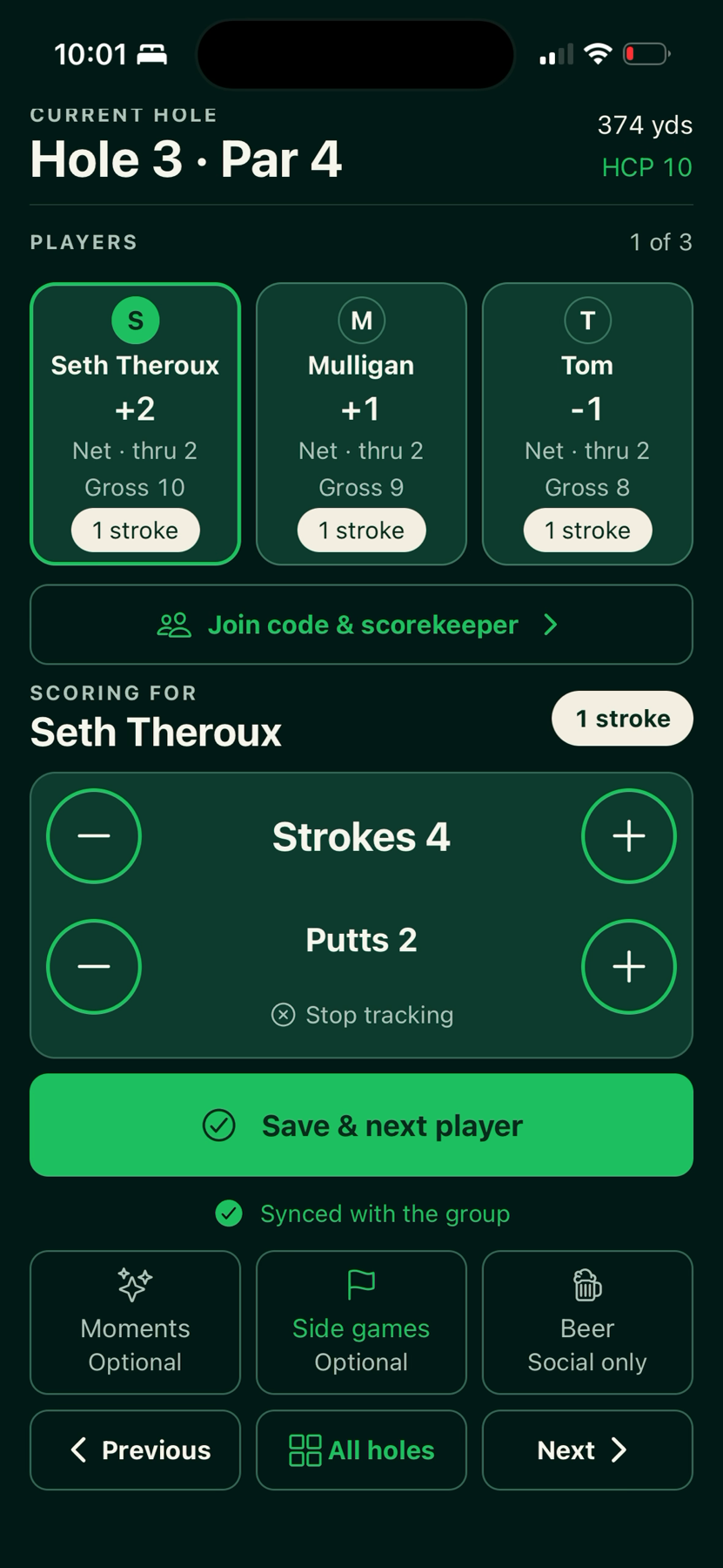 Live group scoring screen