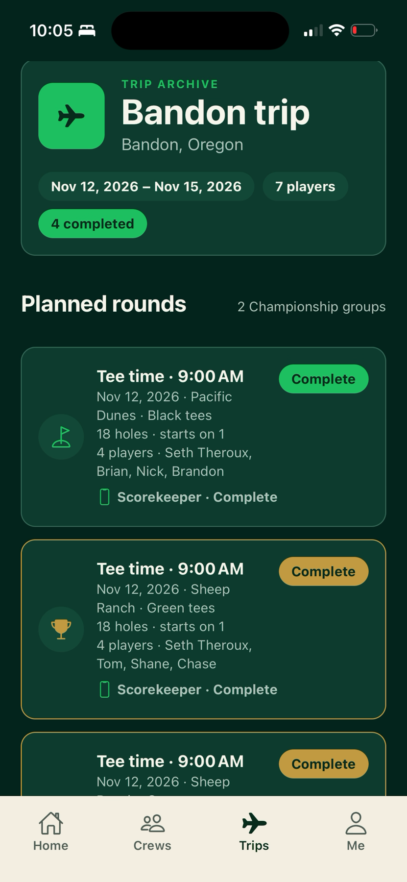 Trip clubhouse with planned rounds and tee times